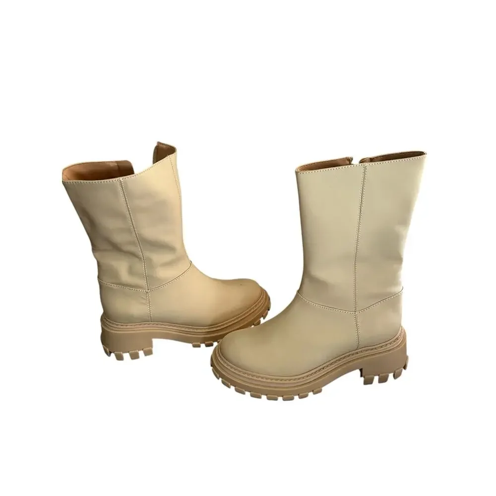 Schutz Womens Beige Leather Lug Sole Mid Calf Combat Boots‎ Size 6